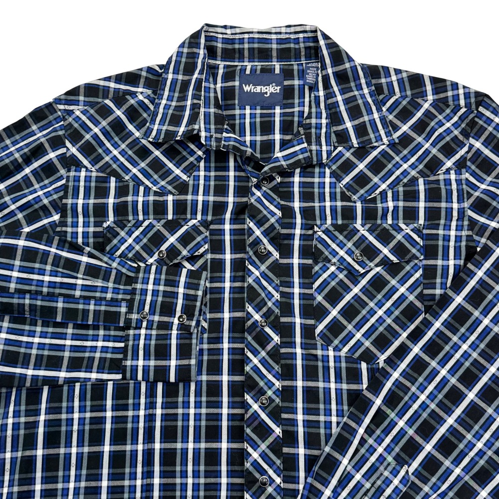 Wrangler Mens Blue Plaid Western Snap Long Sleeve Shirt LT